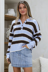 Westley Jumper - Wing Collared Striped Cable Knit with Buttoned Neckline in Blue/Coffee