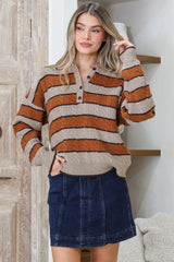 Westley Jumper - Wing Collared Striped Cable Knit with Buttoned Neckline in Taupe