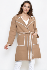 Falcon Cardigan - Lapel Collar Open Cardigan with Matching Belt and Contrast Stitch Hemlines in Tan