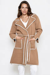 Falcon Cardigan - Lapel Collar Open Cardigan with Matching Belt and Contrast Stitch Hemlines in Tan