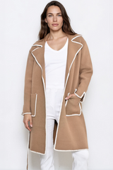 Falcon Cardigan - Lapel Collar Open Cardigan with Matching Belt and Contrast Stitch Hemlines in Tan