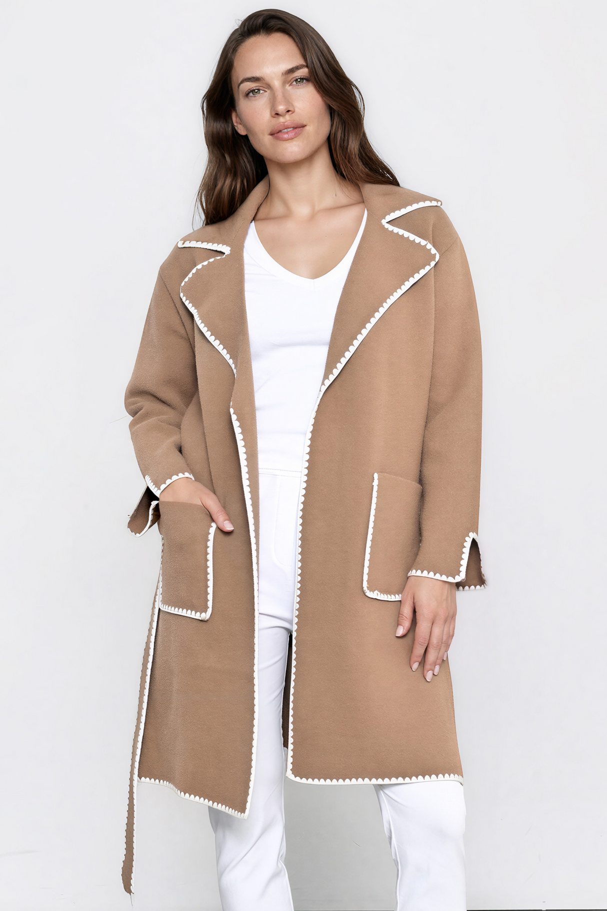 Falcon Cardigan - Lapel Collar Open Cardigan with Matching Belt and Contrast Stitch Hemlines in Tan