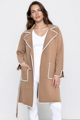 Falcon Cardigan - Lapel Collar Open Cardigan with Matching Belt and Contrast Stitch Hemlines in Tan