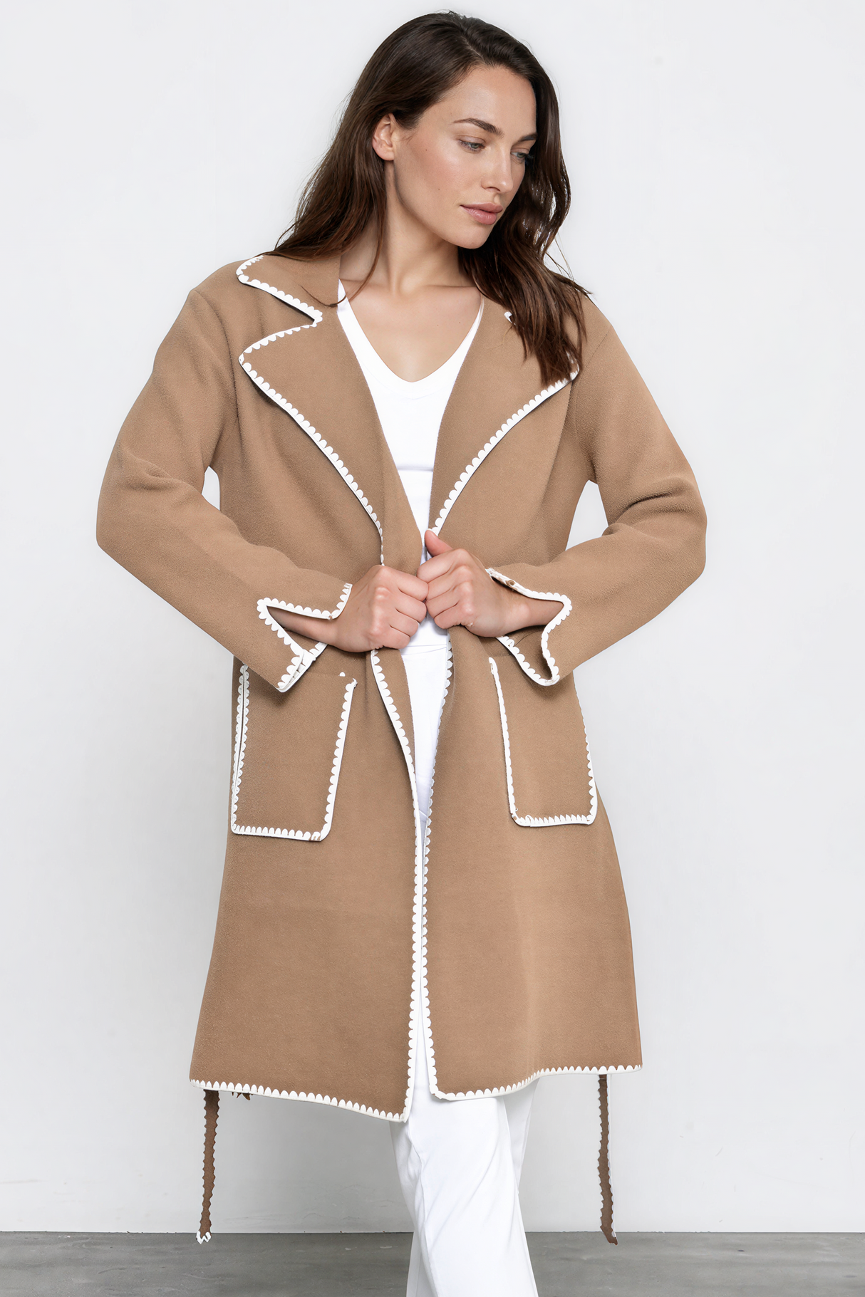 Falcon Cardigan - Lapel Collar Open Cardigan with Matching Belt and Contrast Stitch Hemlines in Tan