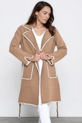 Falcon Cardigan - Lapel Collar Open Cardigan with Matching Belt and Contrast Stitch Hemlines in Tan