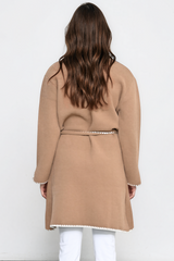 Falcon Cardigan - Lapel Collar Open Cardigan with Matching Belt and Contrast Stitch Hemlines in Tan