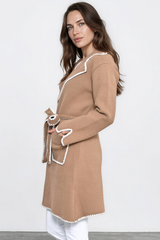 Falcon Cardigan - Lapel Collar Open Cardigan with Matching Belt and Contrast Stitch Hemlines in Tan