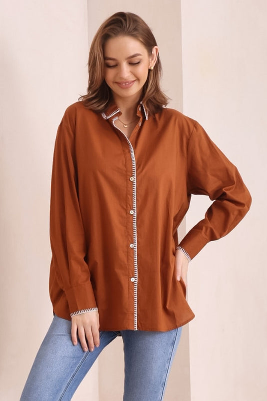 Whistler Shirt - Contrast Stitch Button Down Shirt in Brown