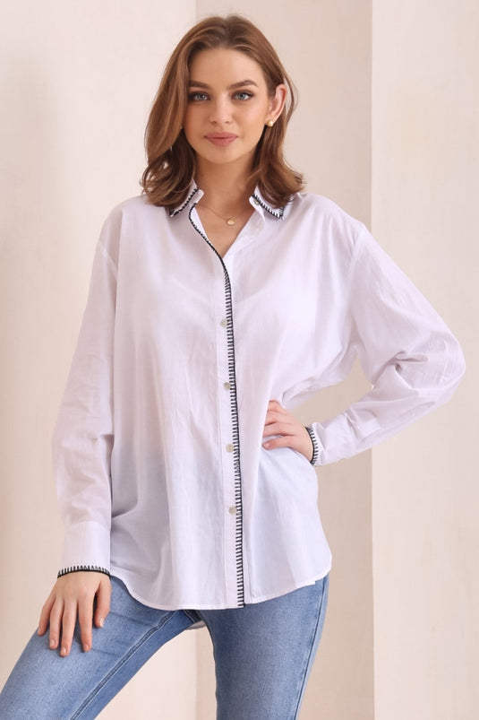 Whistler Shirt - Contrast Stitch Button Down Shirt in White