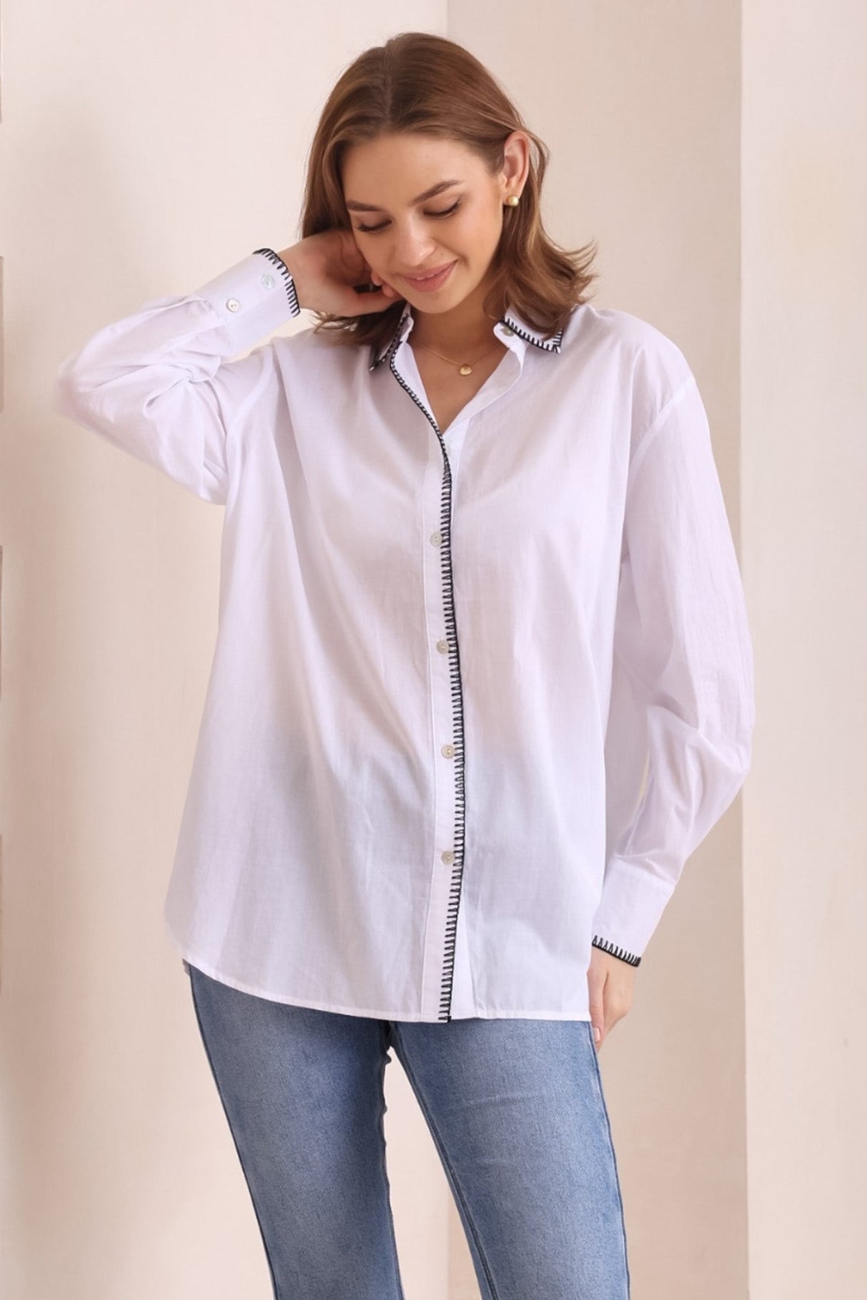 Whistler Shirt - Contrast Stitch Button Down Shirt in White