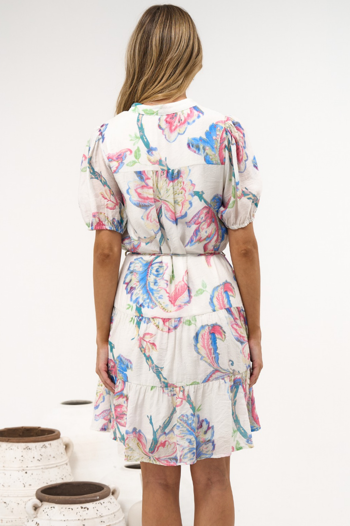 Cecilia Mini Dress - Mandarin Collar Shirt Dress with String Belt in Lazuli Print