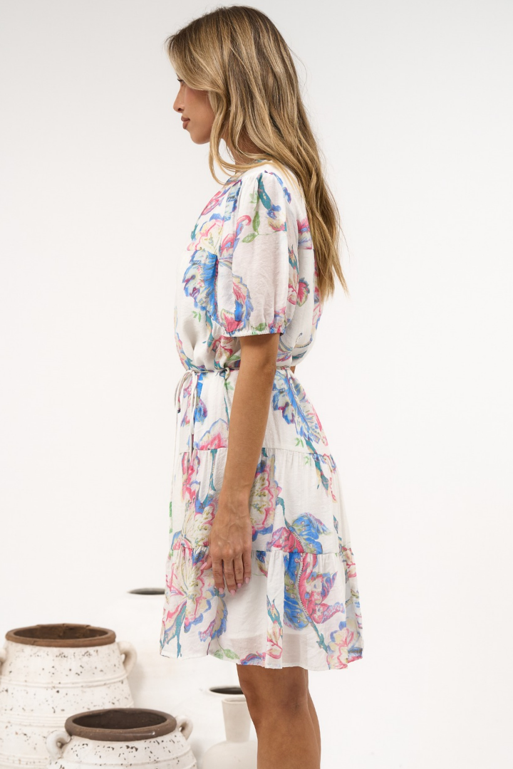 Cecilia Mini Dress - Mandarin Collar Shirt Dress with String Belt in Lazuli Print
