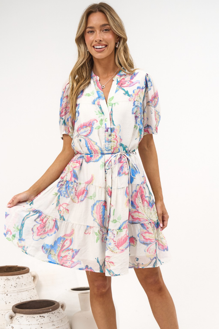 Cecilia Mini Dress - Mandarin Collar Shirt Dress with String Belt in Lazuli Print