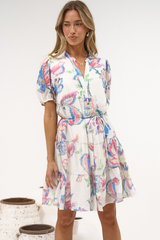 Cecilia Mini Dress - Mandarin Collar Shirt Dress with String Belt in Lazuli Print