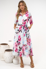 Posie Midi Dress - Collared Button Down Shirt Dress with Matching Waist Tie in Anemone Print