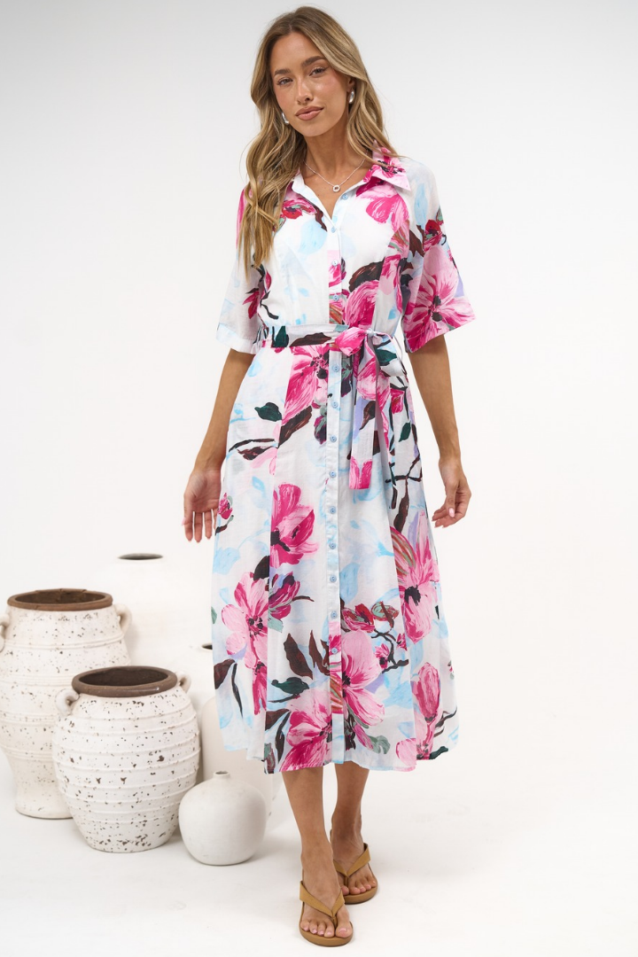 Posie Midi Dress - Collared Button Down Shirt Dress with Matching Waist Tie in Anemone Print