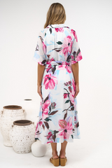 Posie Midi Dress - Collared Button Down Shirt Dress with Matching Waist Tie in Anemone Print