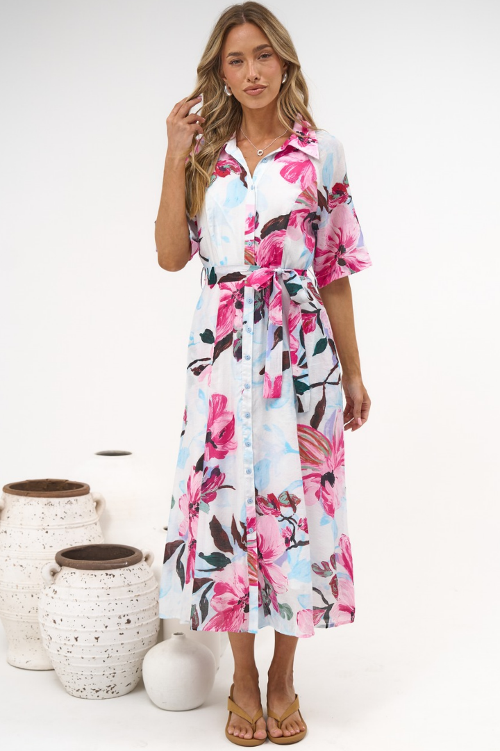 Posie Midi Dress - Collared Button Down Shirt Dress with Matching Waist Tie in Anemone Print