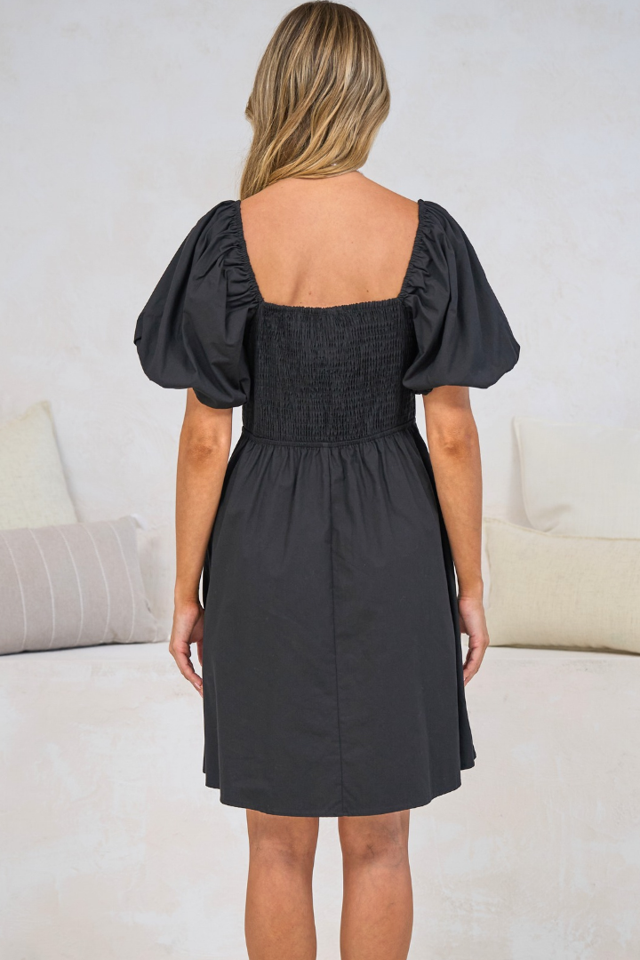 Asteria Mini Dress - On or Off Shoulder Cotton A-Line Dress with Puff Sleeves in Black