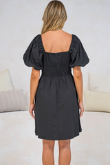 Asteria Mini Dress - On or Off Shoulder Cotton A-Line Dress with Puff Sleeves in Black