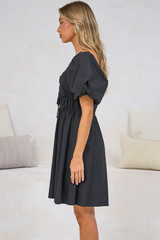 Asteria Mini Dress - On or Off Shoulder Cotton A-Line Dress with Puff Sleeves in Black