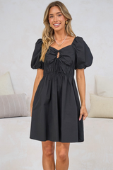 Asteria Mini Dress - On or Off Shoulder Cotton A-Line Dress with Puff Sleeves in Black