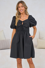Asteria Mini Dress - On or Off Shoulder Cotton A-Line Dress with Puff Sleeves in Black