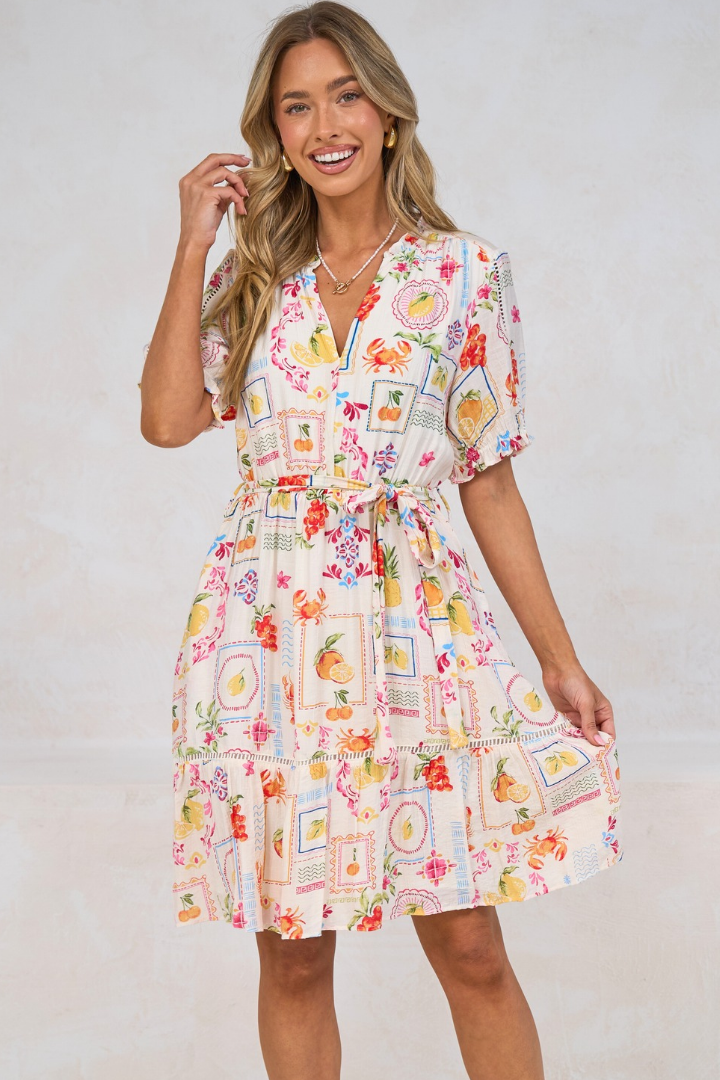 Nigella Mini Dress - Frill Collar Lattice Lace Detailed Dress with Waist Tie and Balloon Sleeves in Anelia Print