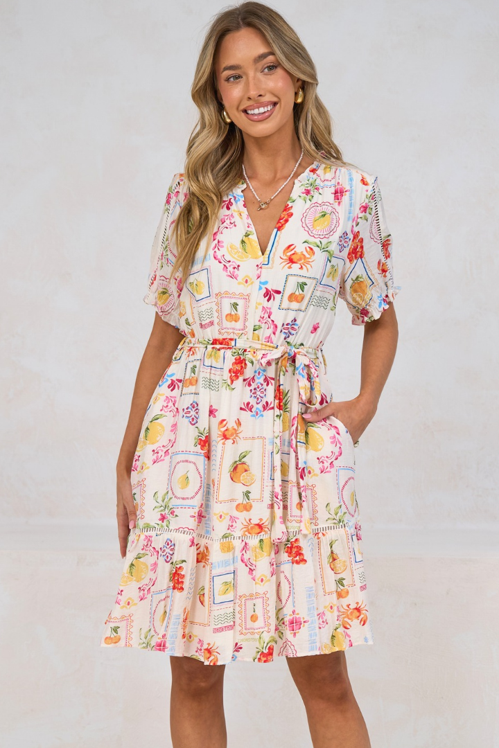 Nigella Mini Dress - Frill Collar Lattice Lace Detailed Dress with Waist Tie and Balloon Sleeves in Anelia Print