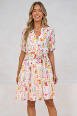 Nigella Mini Dress - Frill Collar Lattice Lace Detailed Dress with Waist Tie and Balloon Sleeves in Anelia Print