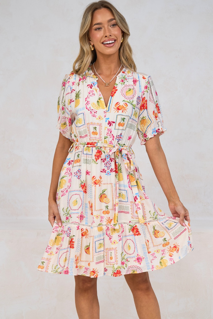 Nigella Mini Dress - Frill Collar Lattice Lace Detailed Dress with Waist Tie and Balloon Sleeves in Anelia Print