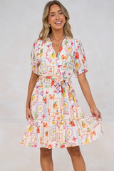 Nigella Mini Dress - Frill Collar Lattice Lace Detailed Dress with Waist Tie and Balloon Sleeves in Anelia Print