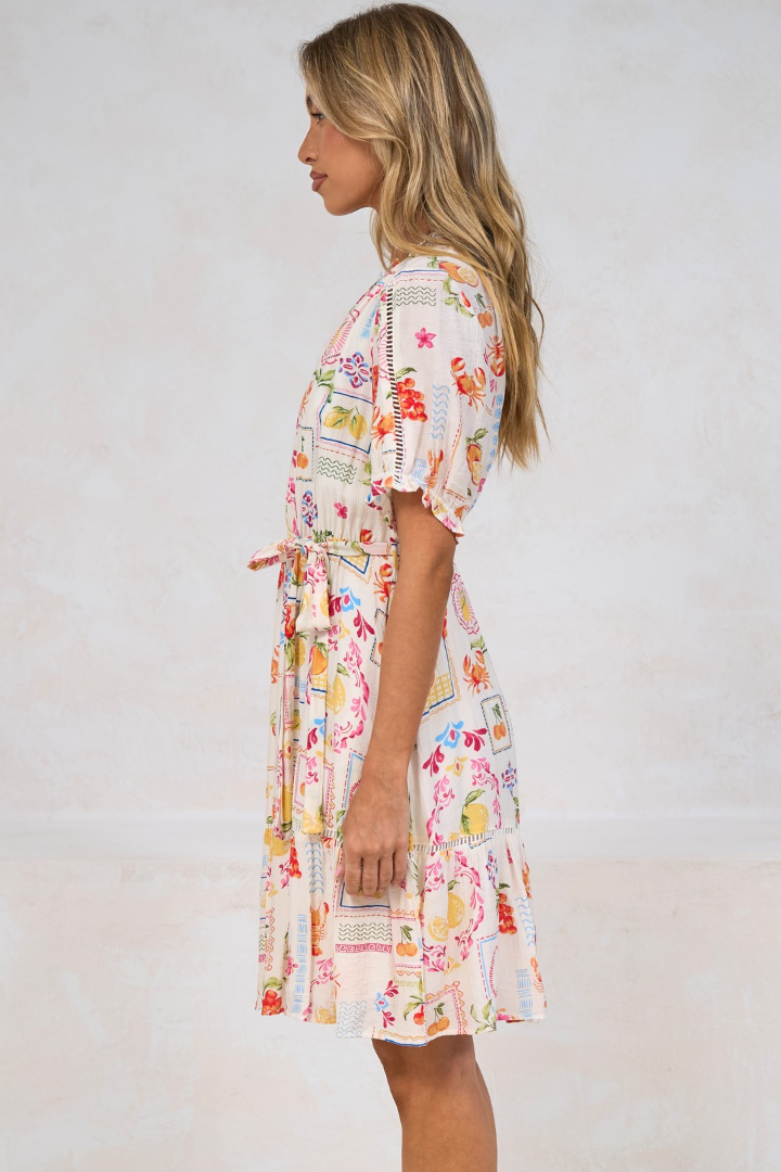 Nigella Mini Dress - Frill Collar Lattice Lace Detailed Dress with Waist Tie and Balloon Sleeves in Anelia Print