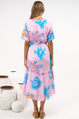 Corabella Midi Dress - Split V Neckline Lace Trim Detail Shirt Dress with Short Sleeves in Malva Print