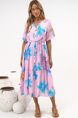Corabella Midi Dress - Split V Neckline Lace Trim Detail Shirt Dress with Short Sleeves in Malva Print