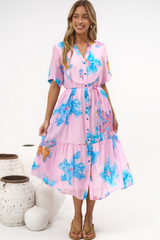 Corabella Midi Dress - Split V Neckline Lace Trim Detail Shirt Dress with Short Sleeves in Malva Print