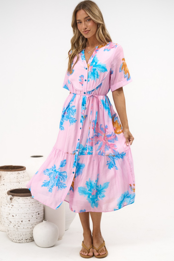 Corabella Midi Dress - Split V Neckline Lace Trim Detail Shirt Dress with Short Sleeves in Malva Print