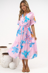 Corabella Midi Dress - Split V Neckline Lace Trim Detail Shirt Dress with Short Sleeves in Malva Print