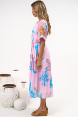 Corabella Midi Dress - Split V Neckline Lace Trim Detail Shirt Dress with Short Sleeves in Malva Print