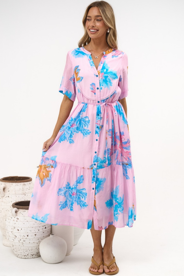 Corabella Midi Dress - Split V Neckline Lace Trim Detail Shirt Dress with Short Sleeves in Malva Print