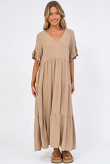 Audrina Midi Dress - Pull Over V Neck Tiered Dress with Pockets in Camel