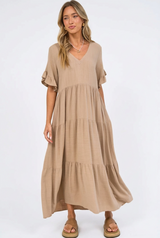 Audrina Midi Dress - Pull Over V Neck Tiered Dress with Pockets in Camel