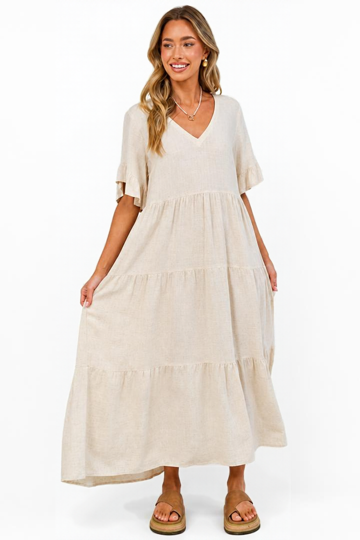 Audrina Midi Dress - Pull Over V Neck Tiered Dress with Pockets in Oat