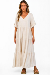 Audrina Midi Dress - Pull Over V Neck Tiered Dress with Pockets in Oat
