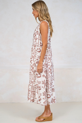 Sable Midi Dress - Round Neck Sleeveless Dress with Pockets in Liberty Print Mocha