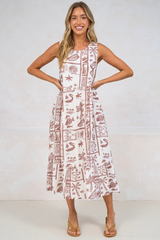 Sable Midi Dress - Round Neck Sleeveless Dress with Pockets in Liberty Print Mocha