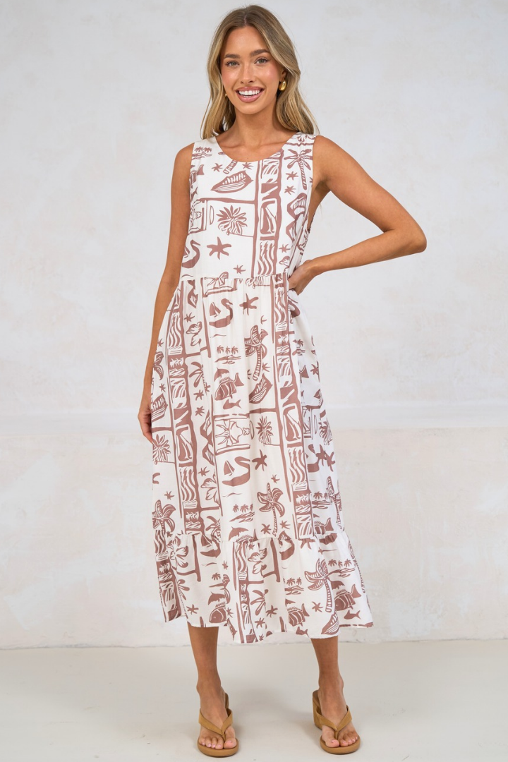 Sable Midi Dress - Round Neck Sleeveless Dress with Pockets in Liberty Print Mocha
