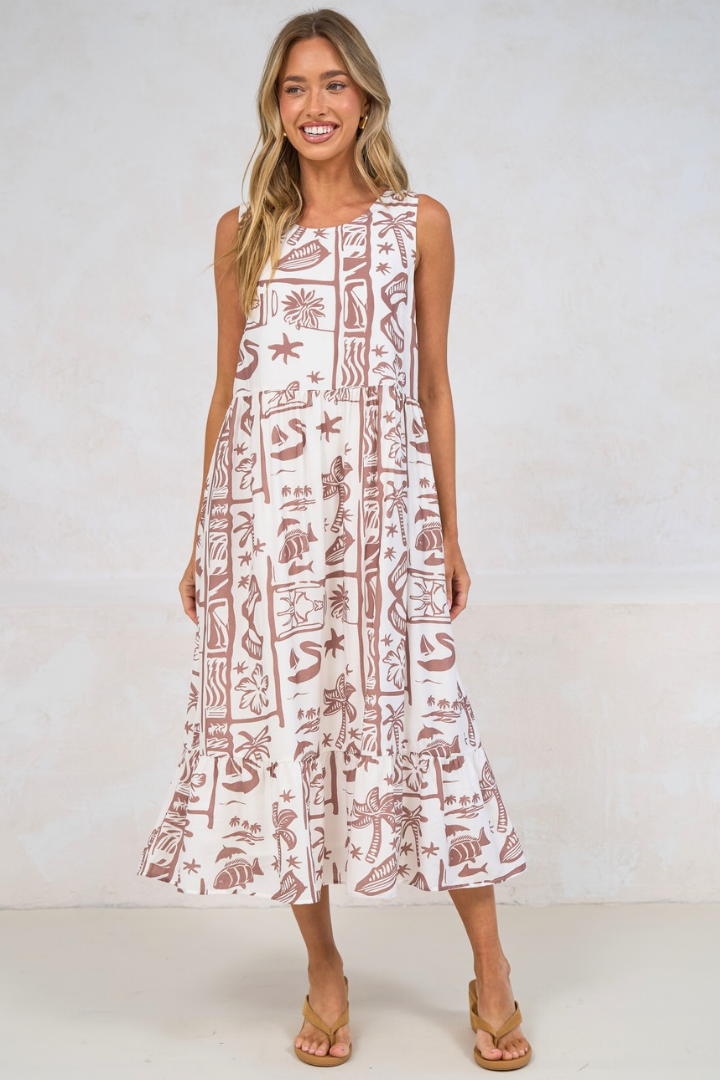 Sable Midi Dress - Round Neck Sleeveless Dress with Pockets in Liberty Print Mocha
