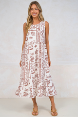 Sable Midi Dress - Round Neck Sleeveless Dress with Pockets in Liberty Print Mocha
