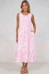 Sable Midi Dress - Round Neck Sleeveless Dress with Pockets in Liberty Print Pink